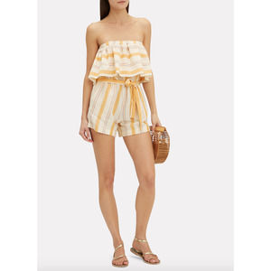 Lemlem Zeritu Striped Cotton Ruffle Strapless Romp